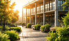 A modern building surrounded by greenery in morning light